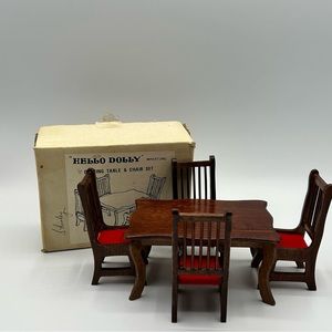 Vintage Miniature Dining Table & Chair Set Dollhouse Dark Wood Red Seats